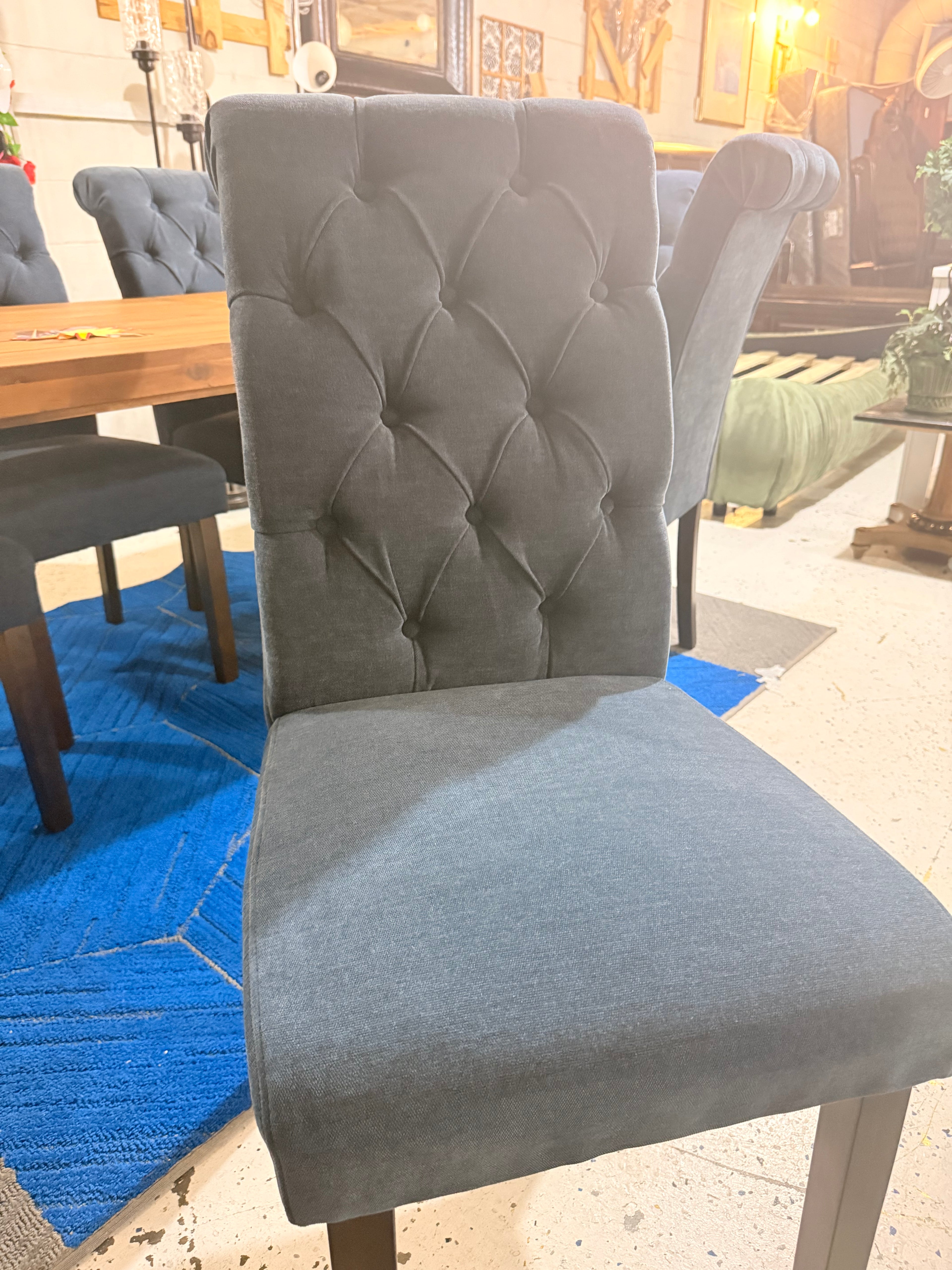 Farmhouse Dining Table Set with 6 Tufted Blue Upholstered Chairs