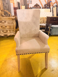 Cream Linen Tufted High-Back Arm Chair with Nailhead Trim