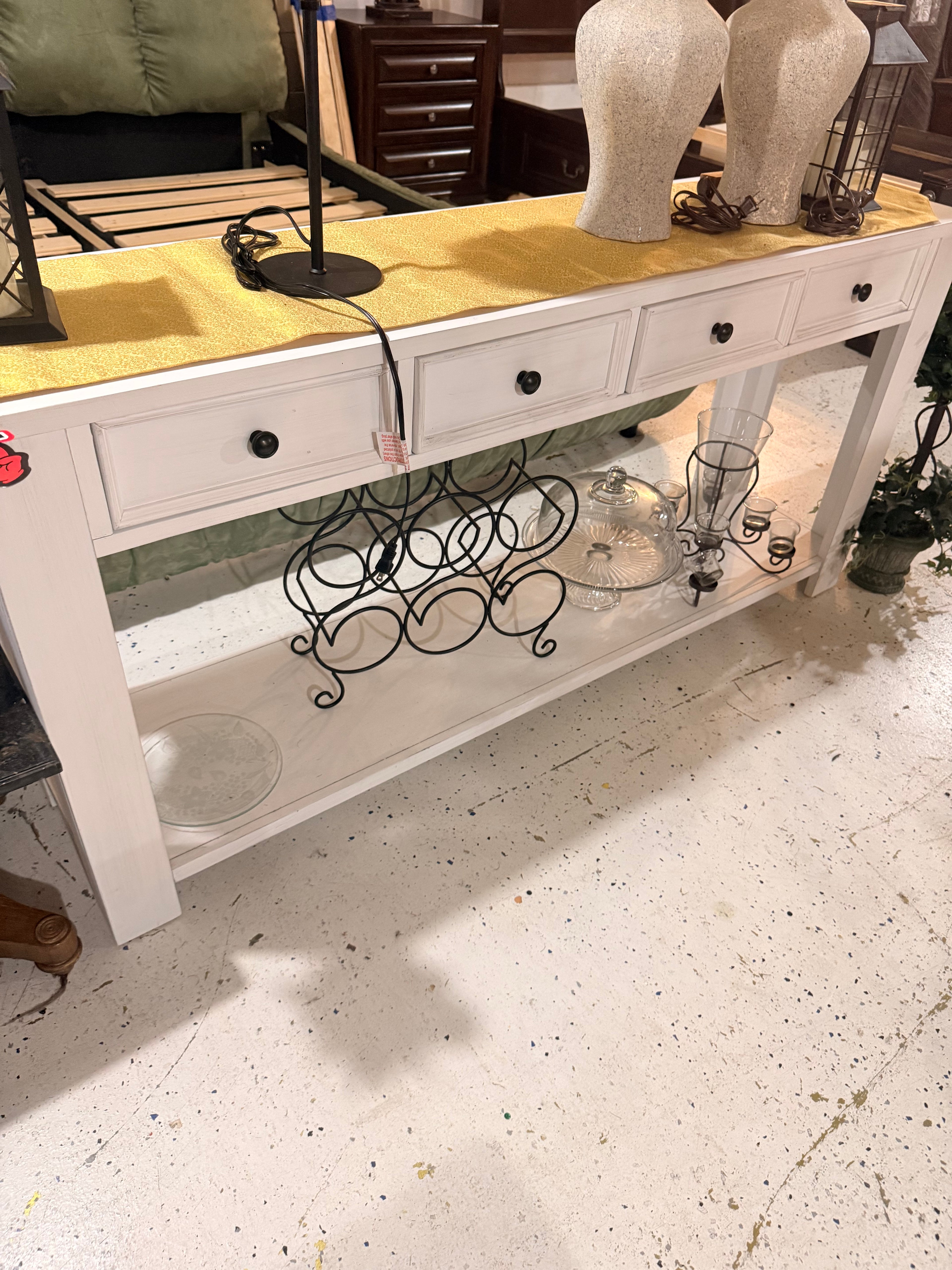 White Cottage-Style Console/Buffet Table with 3 Drawers & Open Shelving