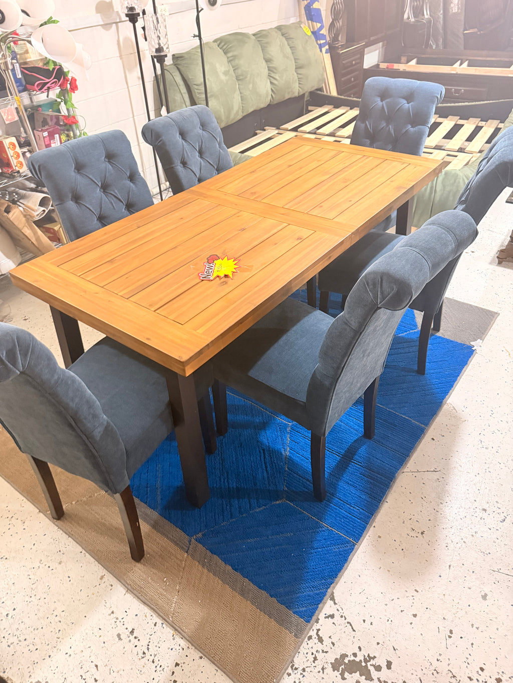 Farmhouse Dining Table Set with 6 Tufted Blue Upholstered Chairs