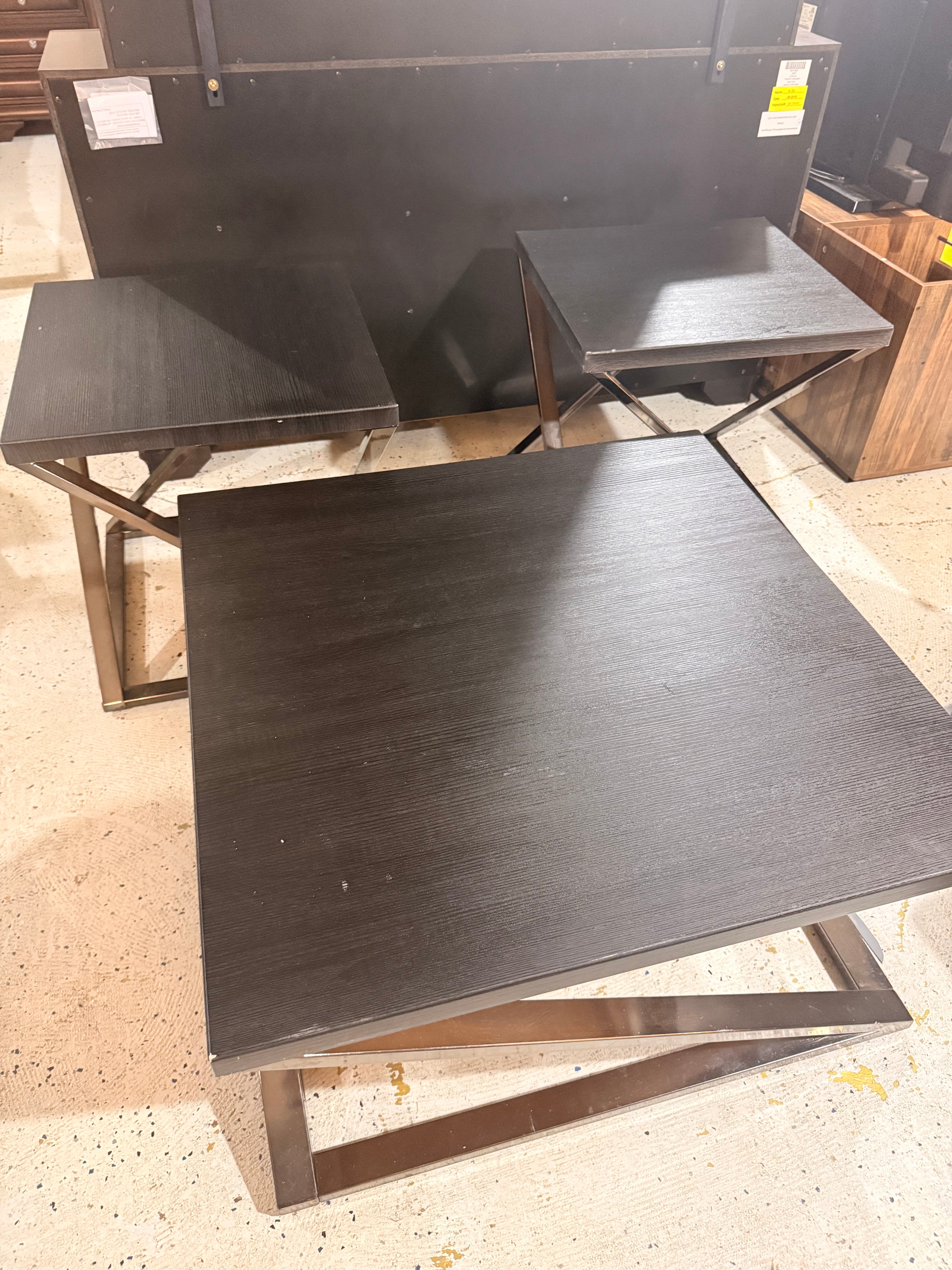 3-Piece Modern Coffee & End Table Set — Dark Wood & Chrome X-Base