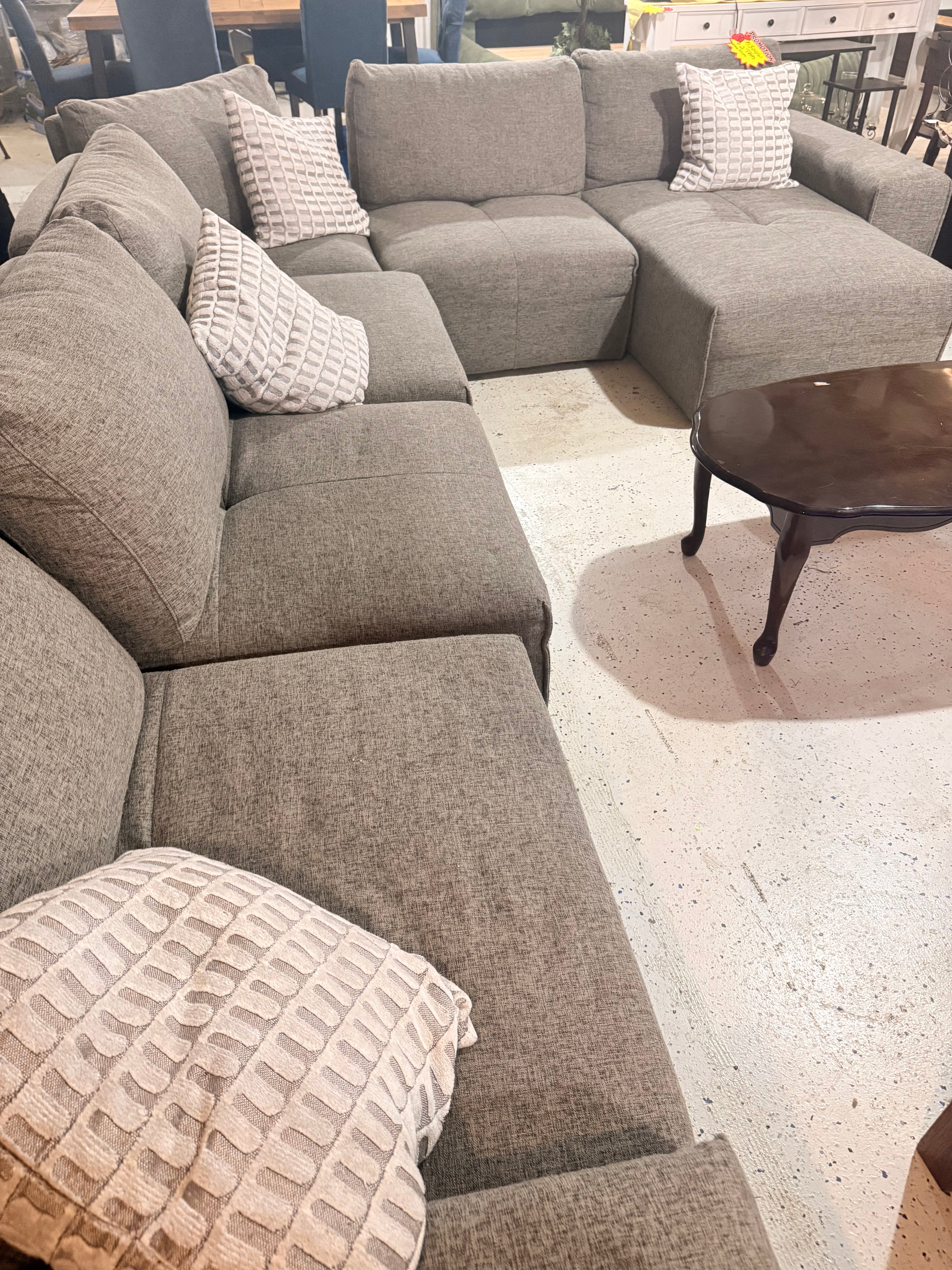 Large Gray Sectional Sofa with Reclining Chaise & Accent Pillows