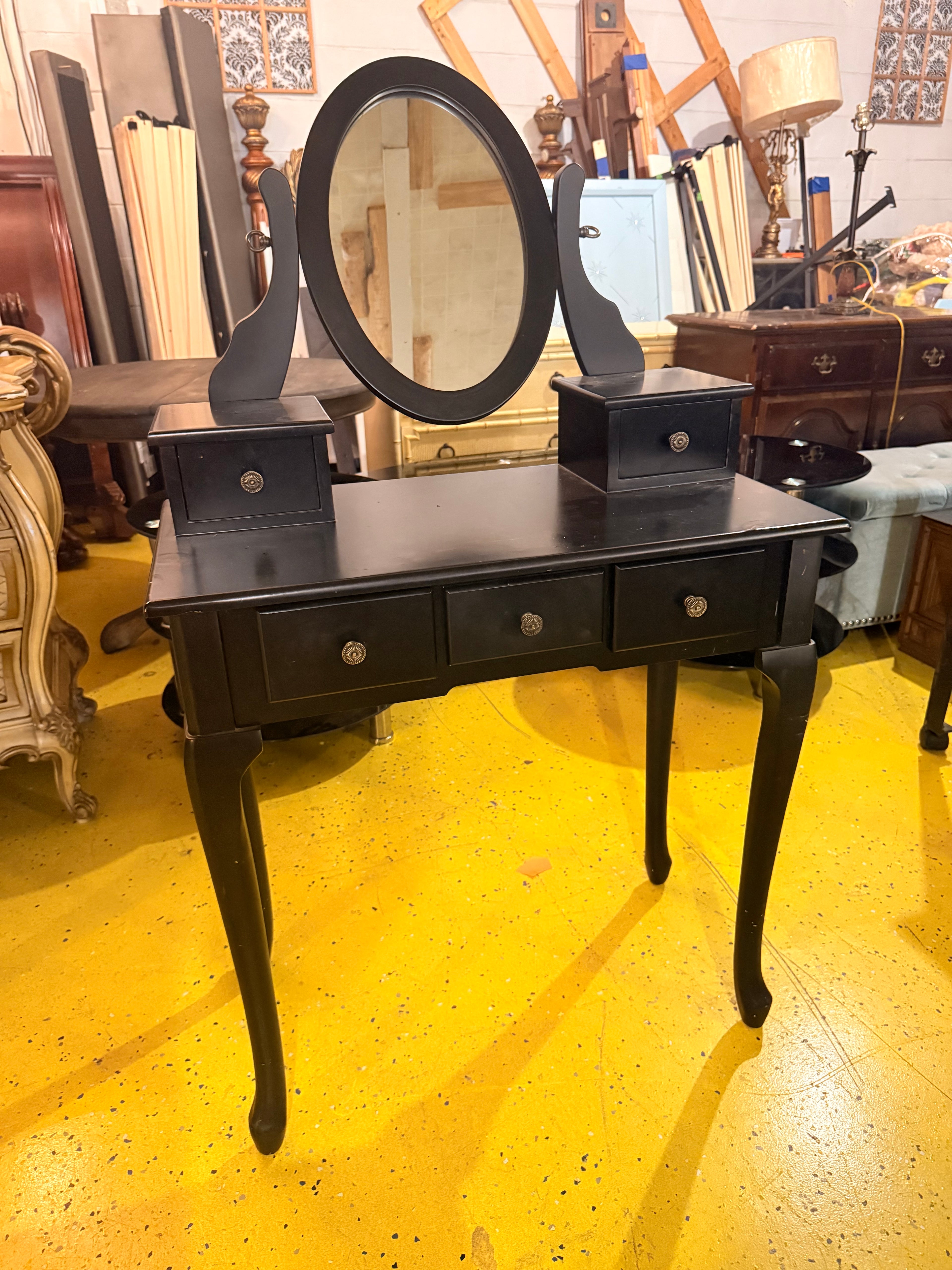 Black Queen Anne Vanity Table with Oval Tilt Mirror & 5 Drawers