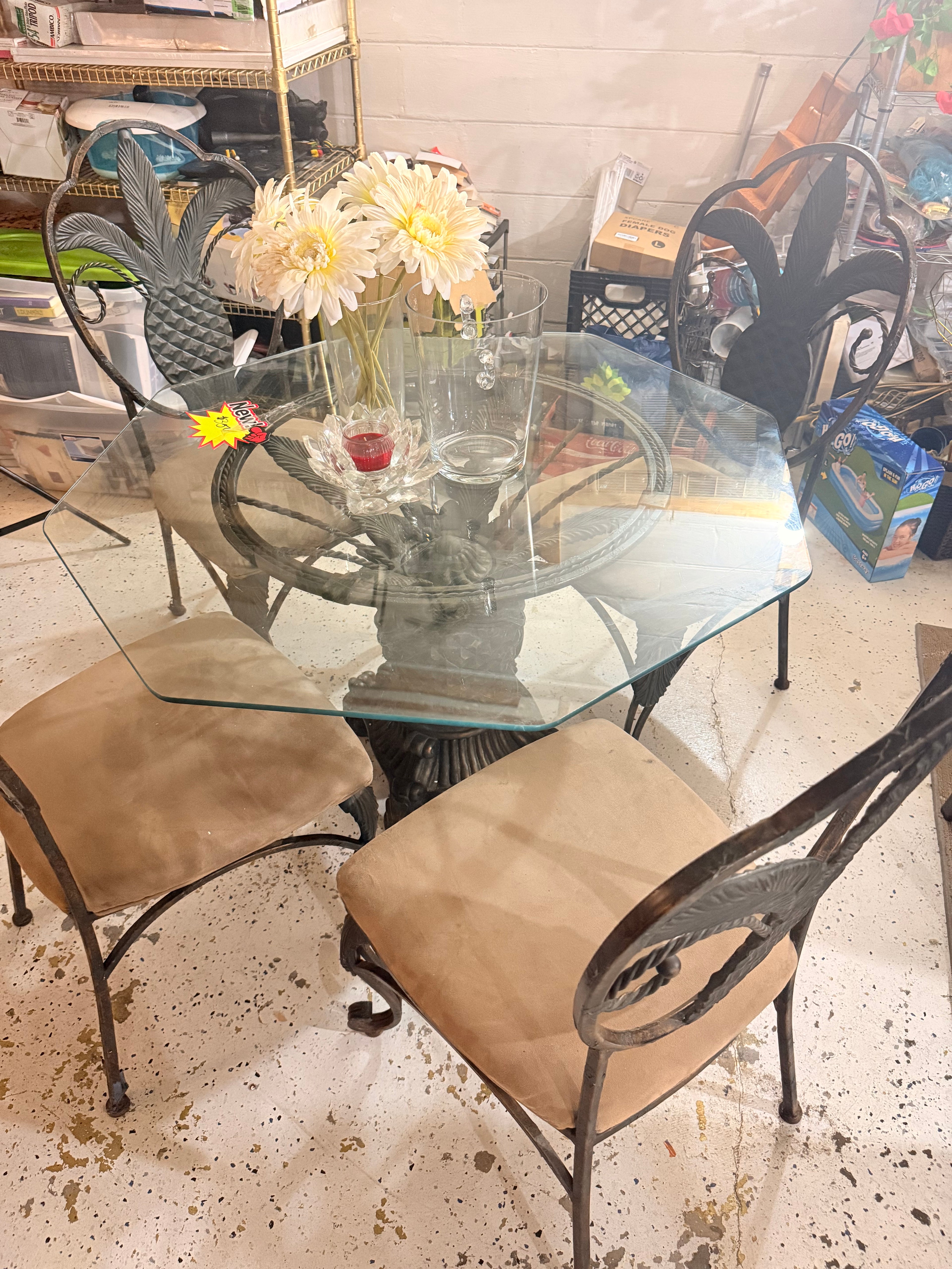 Ornate Wrought Iron & Glass Dining Set with 4 Chairs — Old World Style
