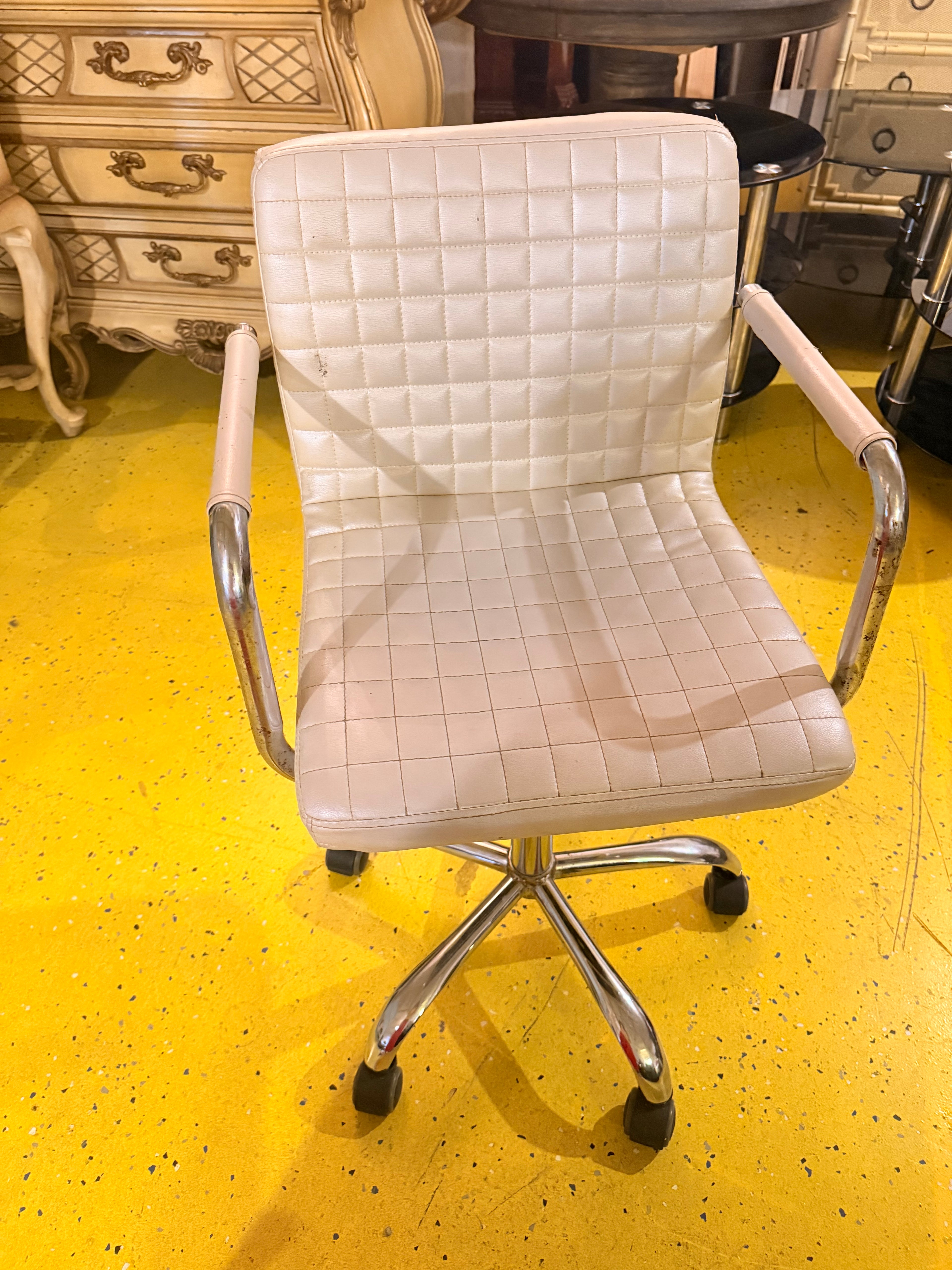 White Quilted Faux Leather Swivel Office Chair — Chrome Arms & Base