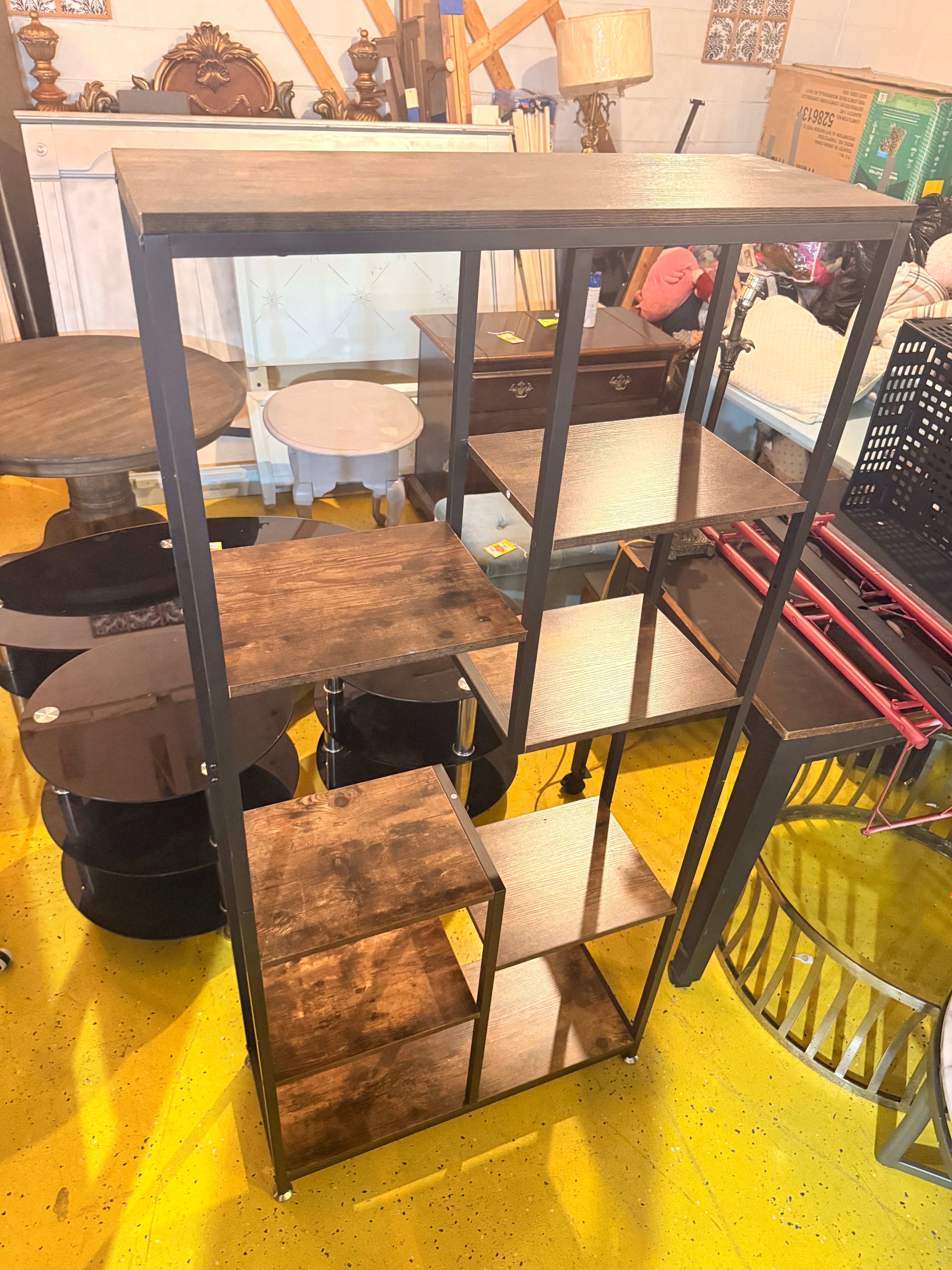 Industrial Staggered Bookshelf / Open Etagere — Wood & Black Metal Frame