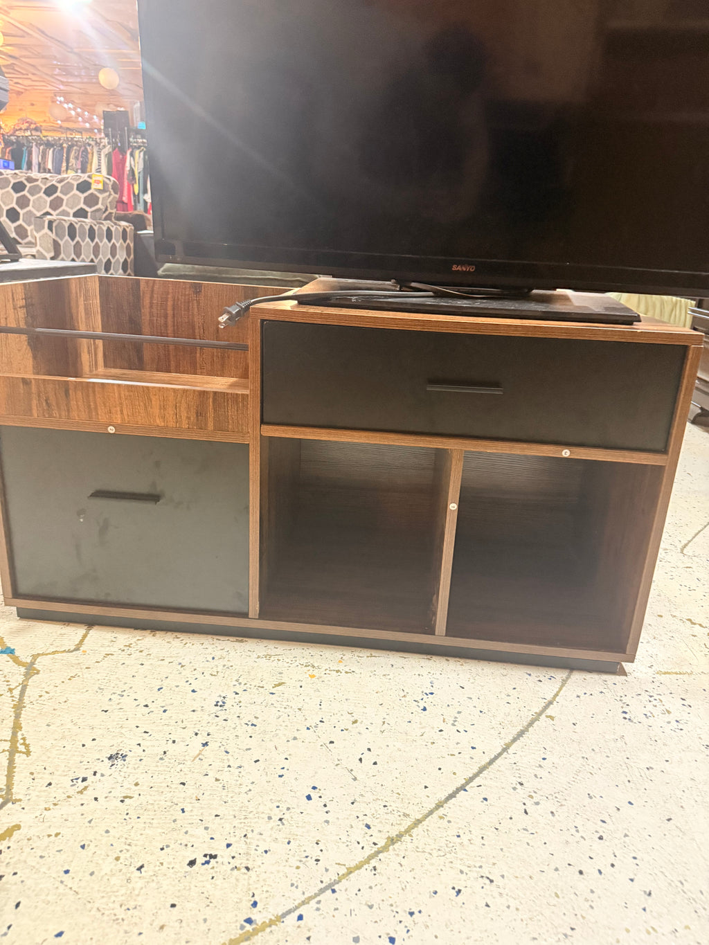 Modern Two-Tone TV Stand / Media Console — Walnut Wood & Matte Gray