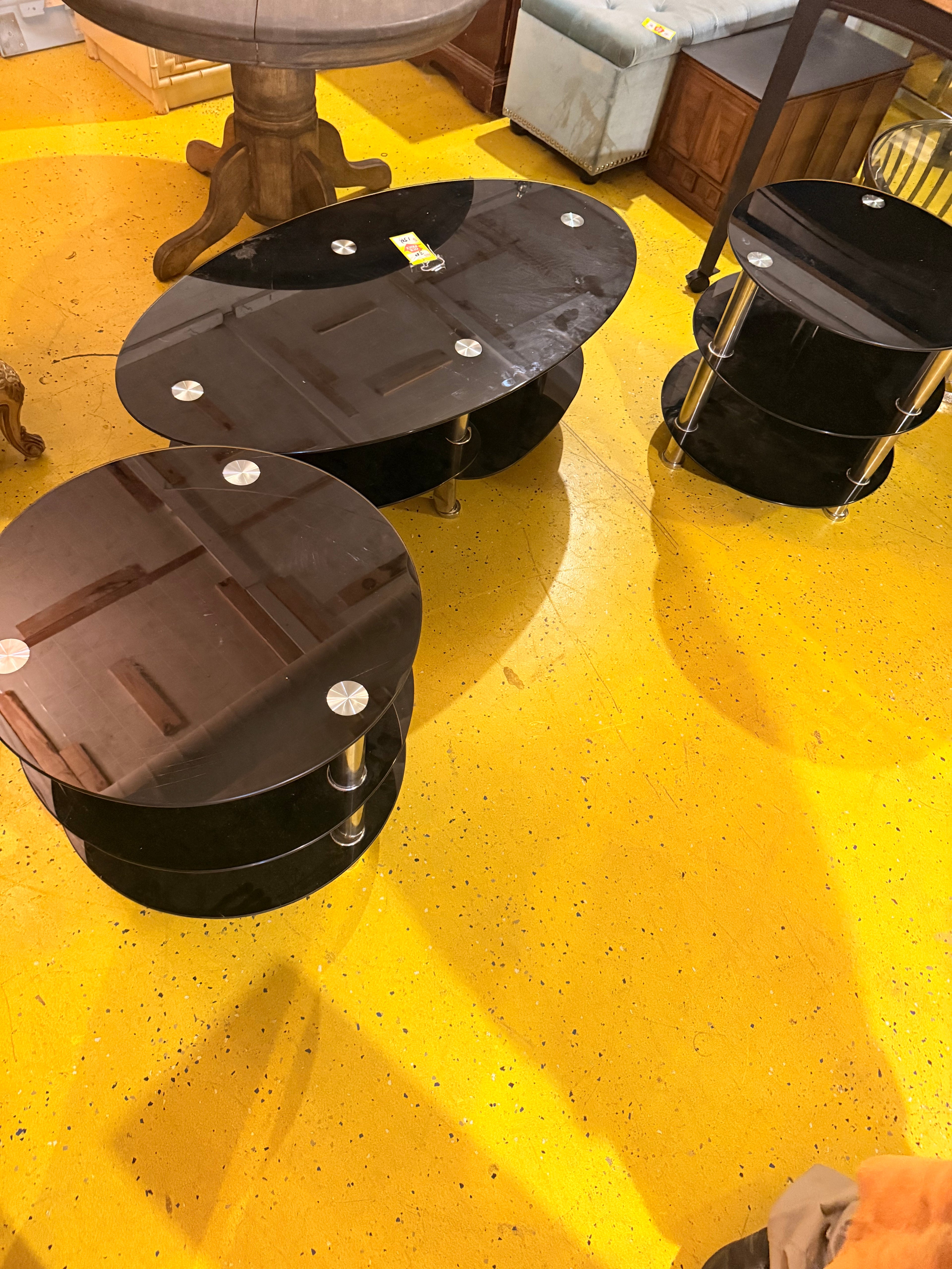 3-Piece Black Tempered Glass & Chrome Coffee Table Set