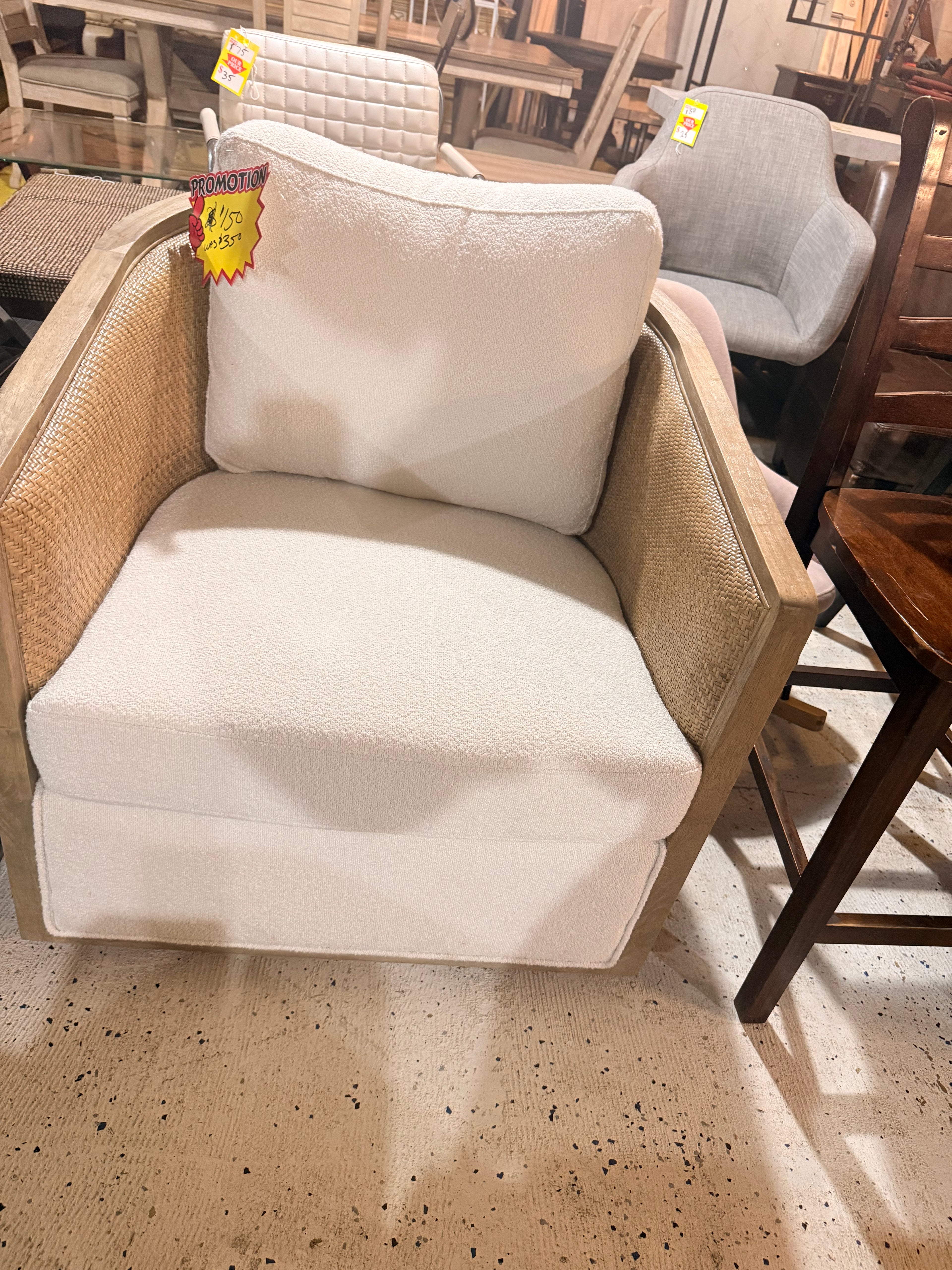 Modern Coastal Swivel Accent Chair — Cream Boucle & Rattan