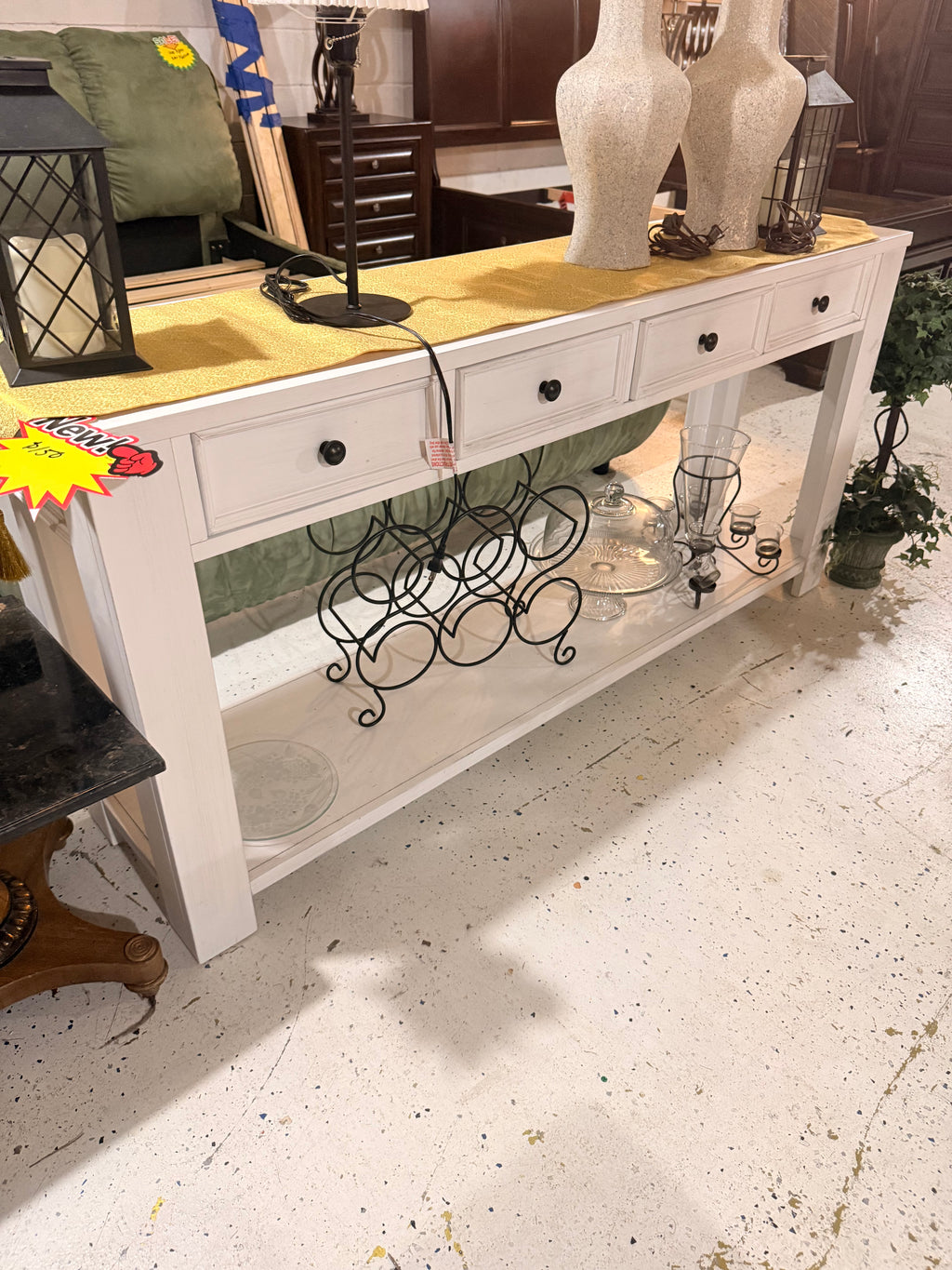 White Cottage-Style Console/Buffet Table with 3 Drawers & Open Shelving