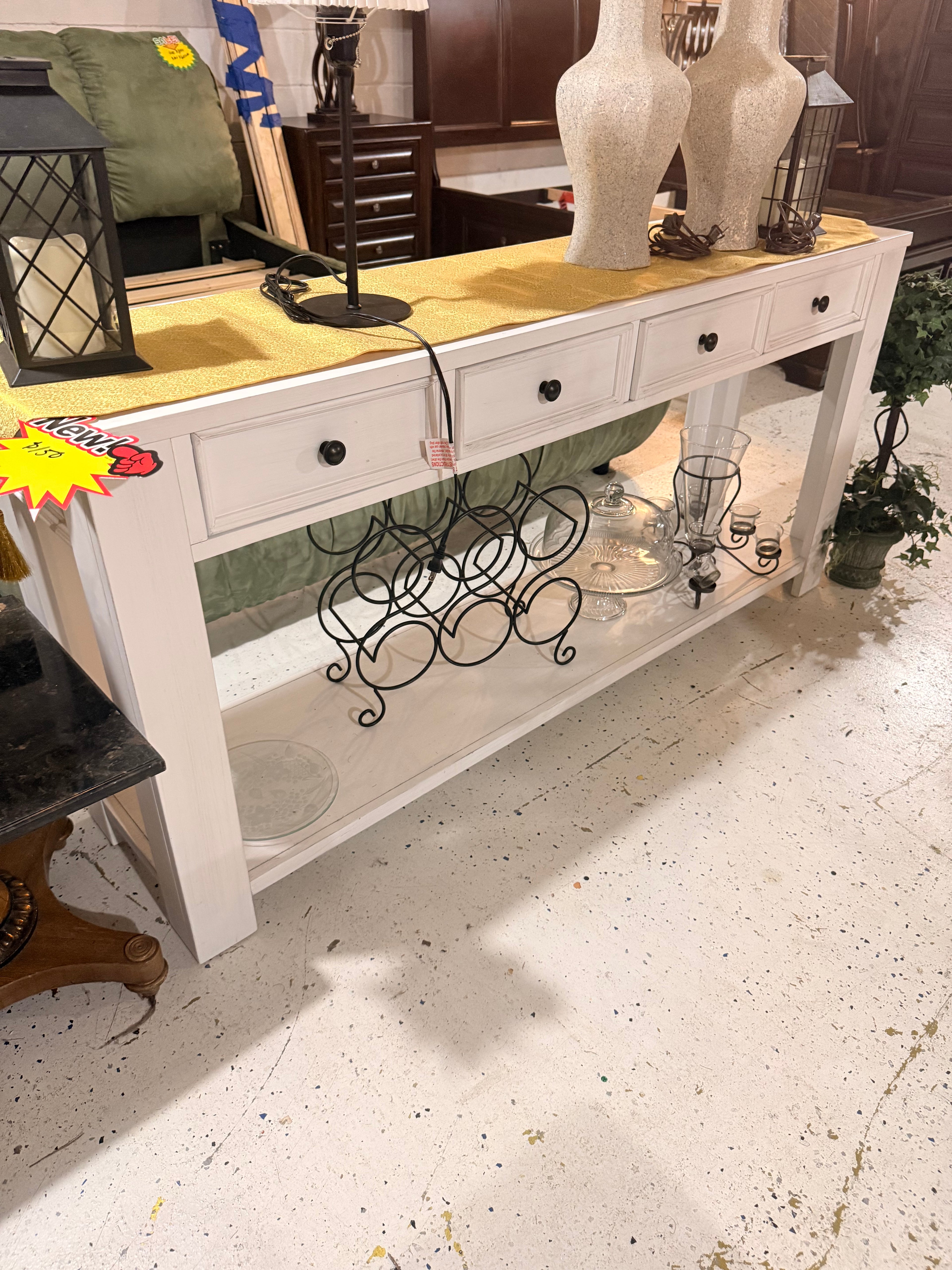 White Cottage-Style Console/Buffet Table with 3 Drawers & Open Shelving
