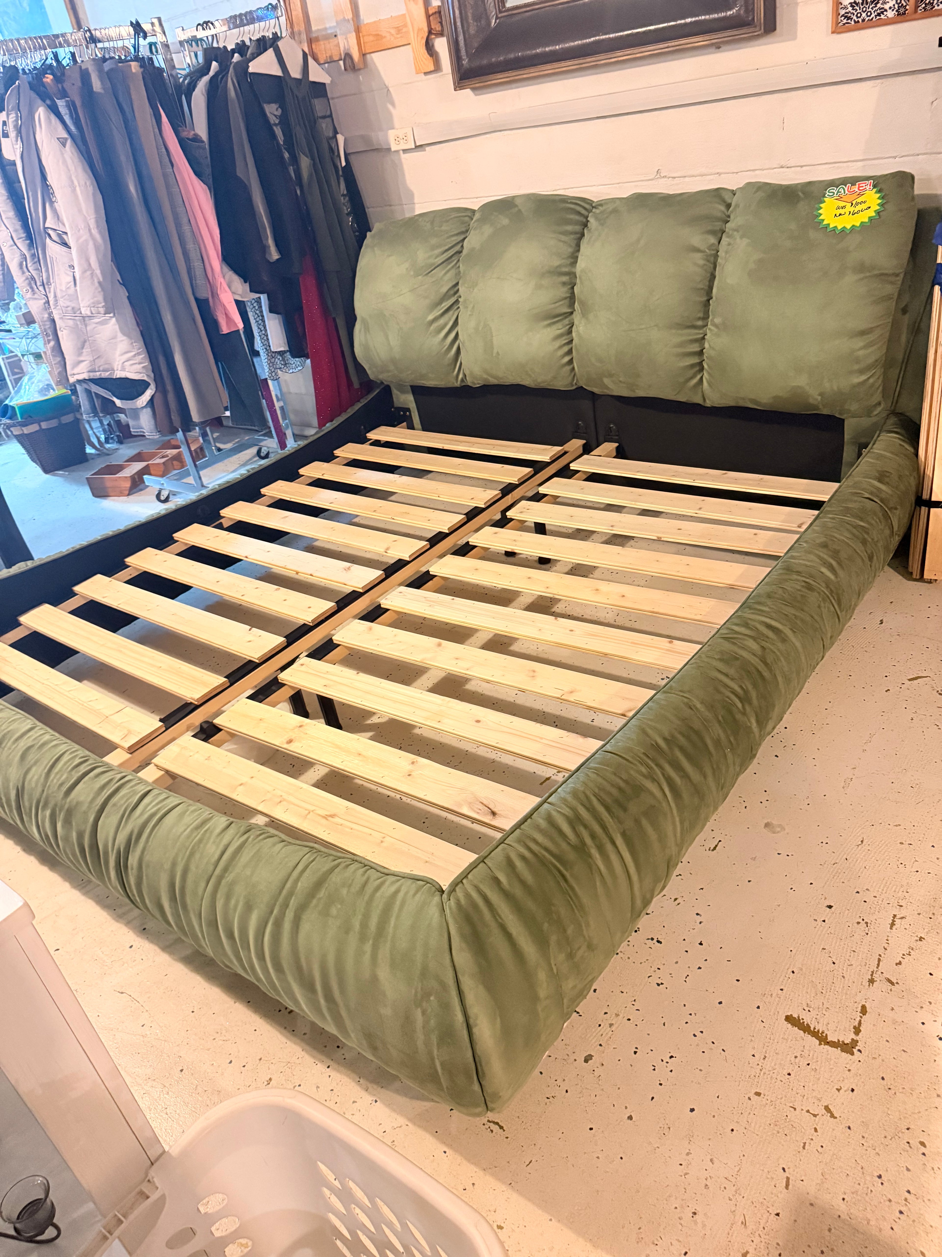 Modern Olive Green Velvet Platform Bed Frame with Upholstered Headboard