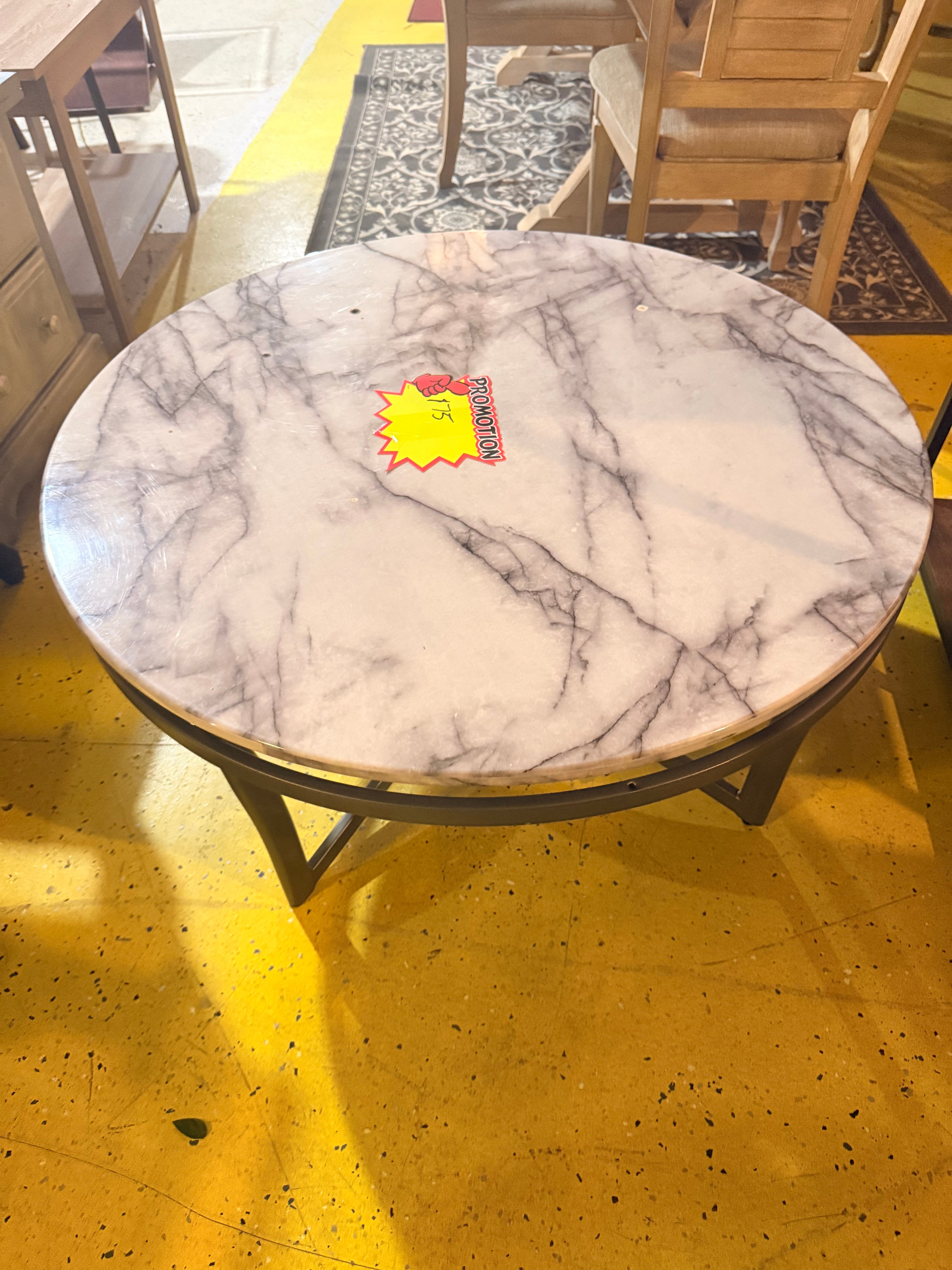 Round Marble Top Coffee Table — White & Gray Veined with Bronze Metal Base