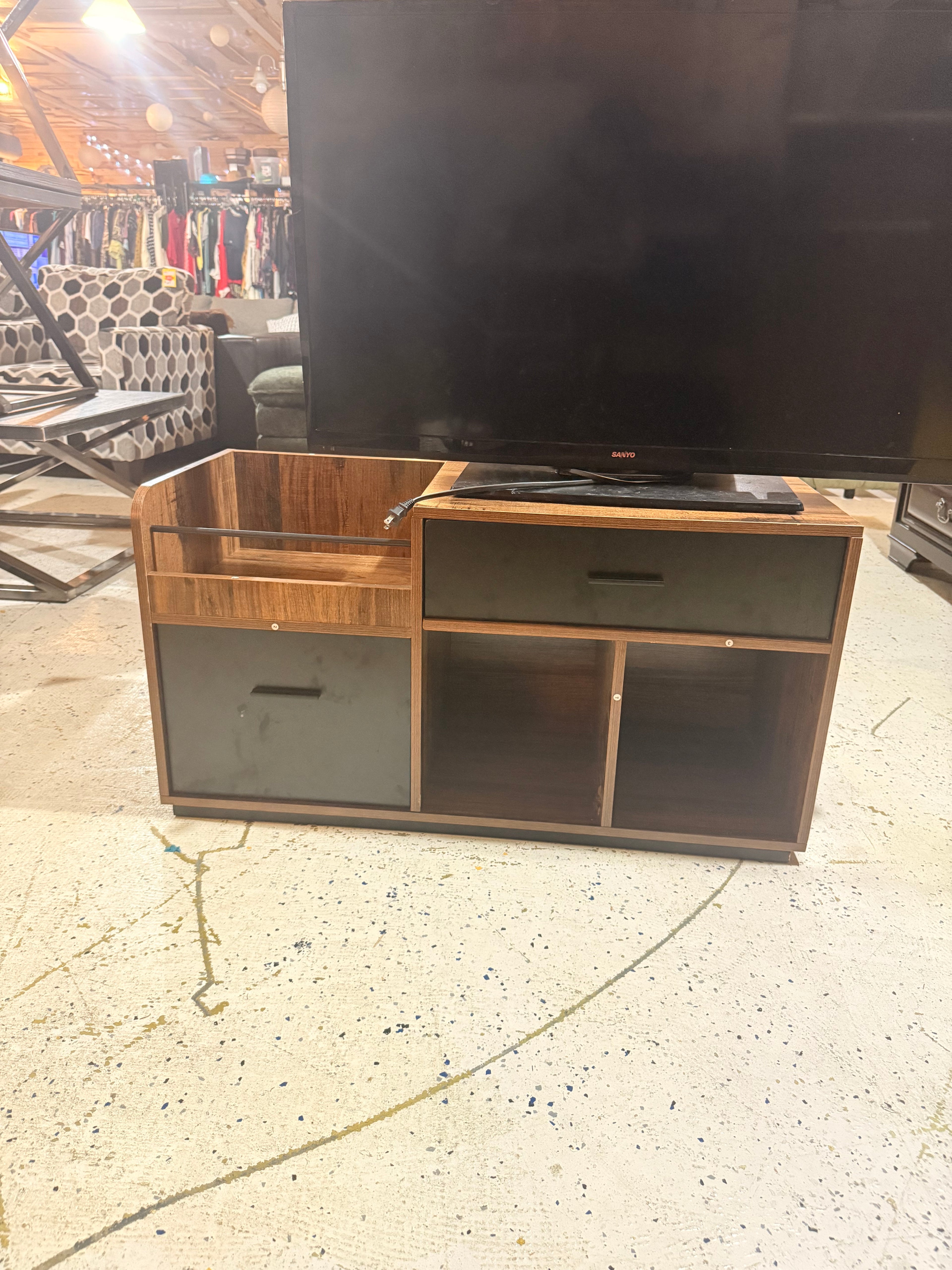 Modern Two-Tone TV Stand / Media Console — Walnut Wood & Matte Gray