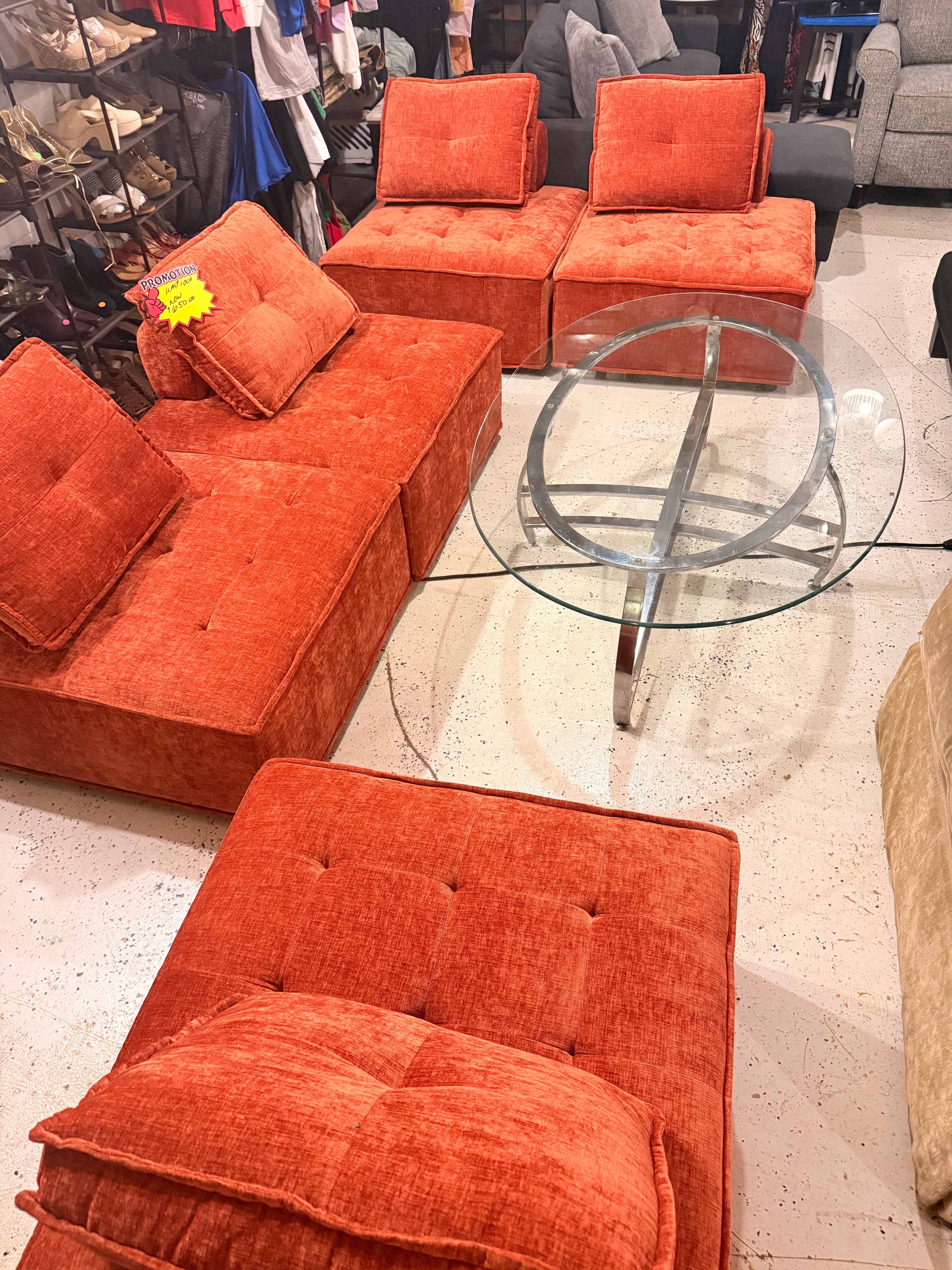Modular Burnt Orange Sectional Sofa Set with Round Glass Coffee Table