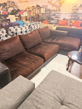 Large Brown Microsuede & Leather Sectional Sofa with Chaise