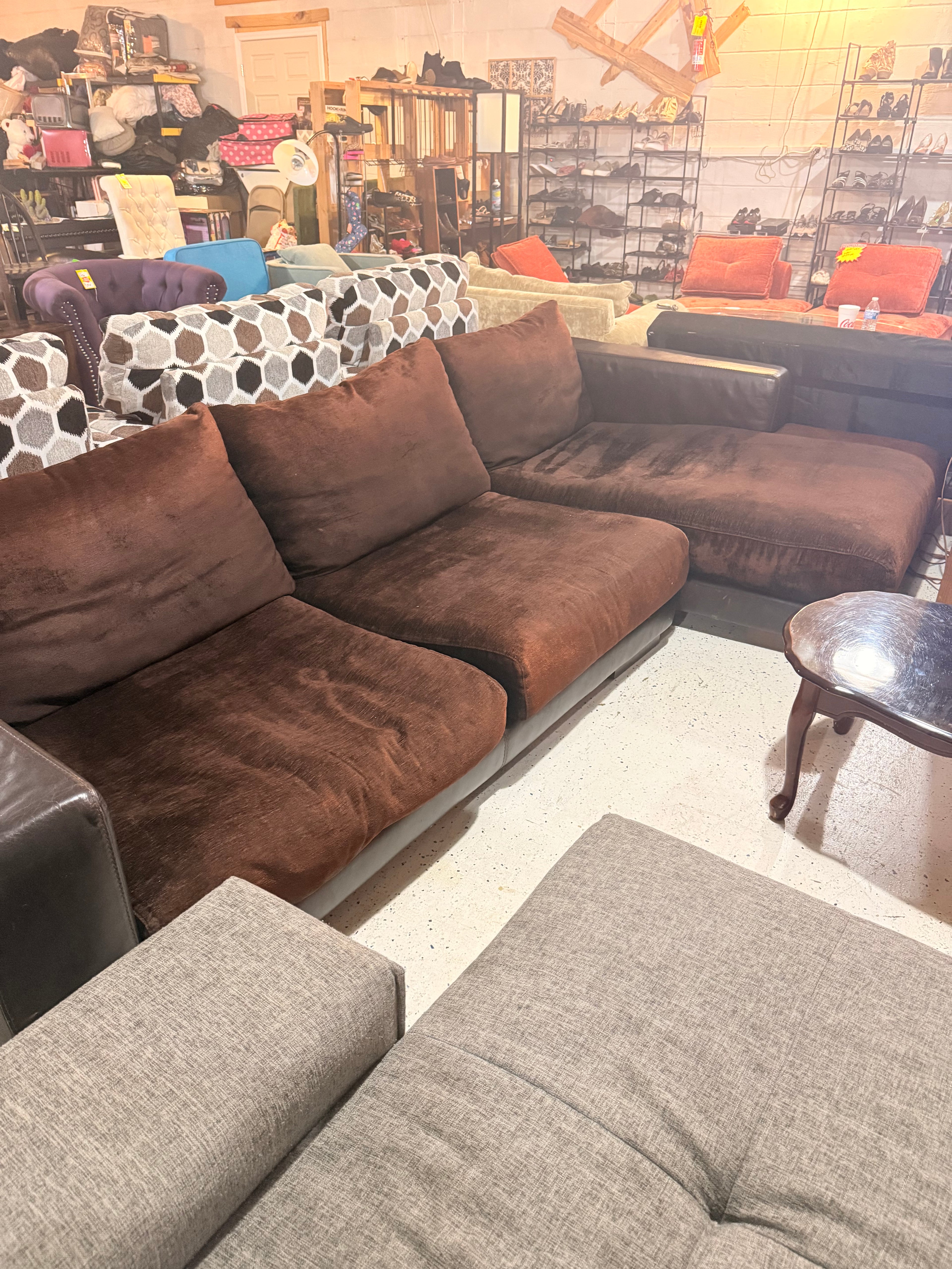 Large Brown Microsuede & Leather Sectional Sofa with Chaise