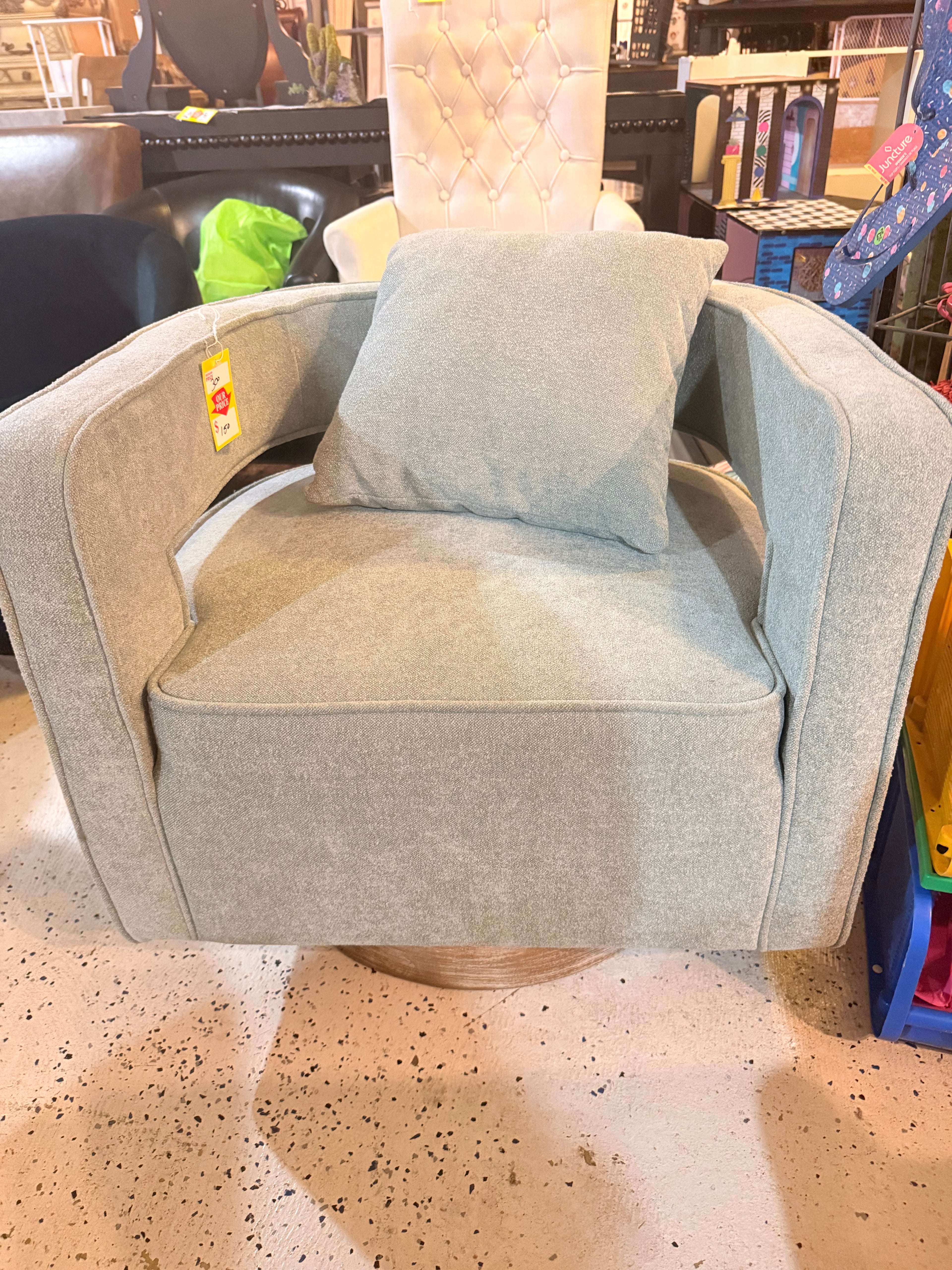 Modern Barrel Swivel Accent Chair — Sage Green/Seafoam Chenille